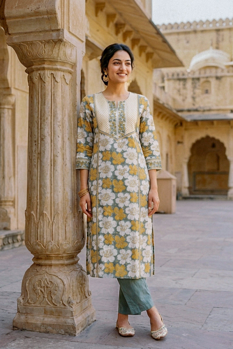 Sage Grey Floral Hand Block Print Cotton Kurta Set with Pants & Kota Dupatta — view 6