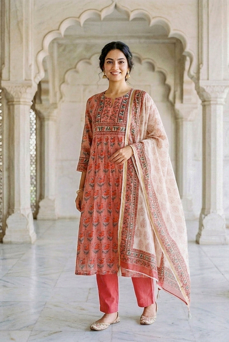 Front view, model in coral hand block print floral kurta set with dupatta.