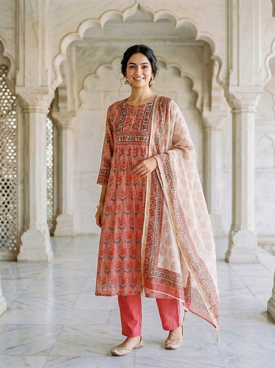 Front view, model in coral hand block print floral kurta set with dupatta.