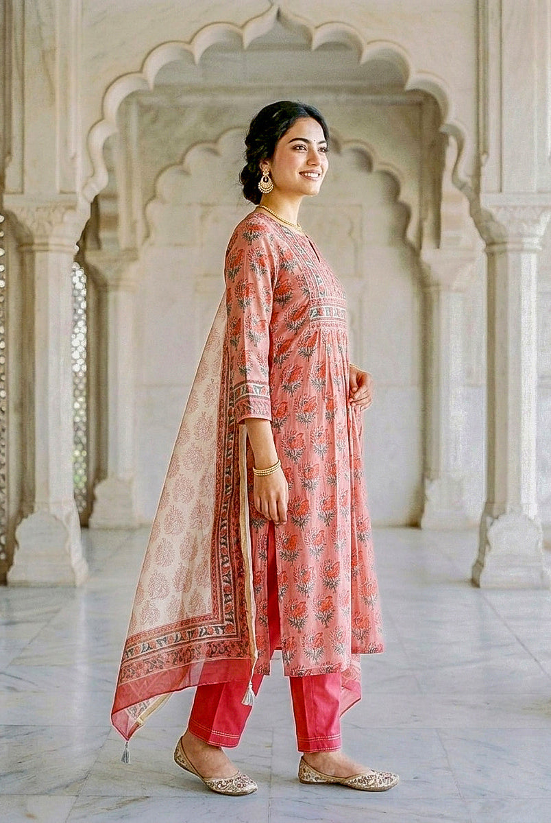 A model's full side view in a coral floral hand block print kurta set.