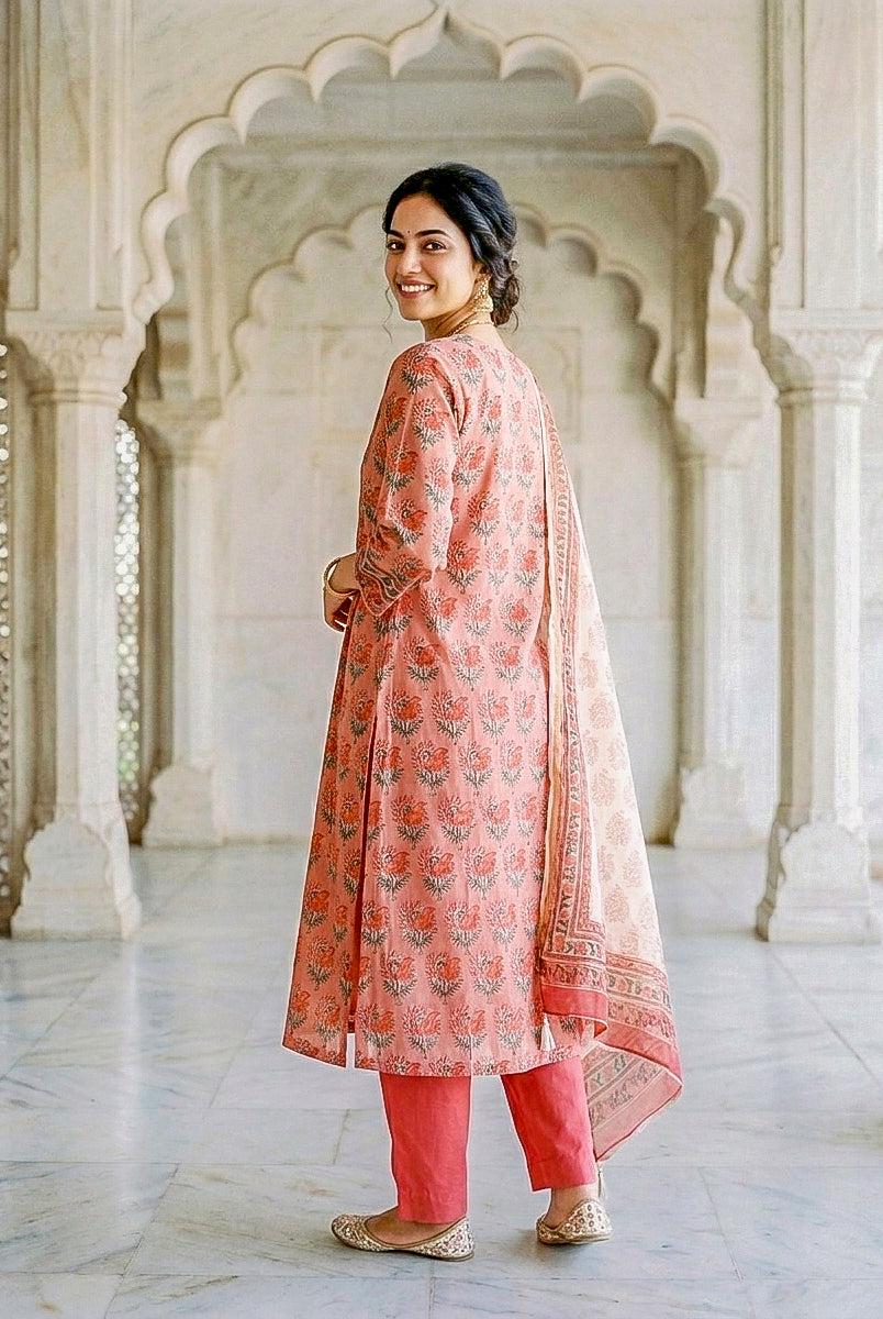 Woman wears coral hand block print kurta set with pants and dupatta, smiling over shoulder.