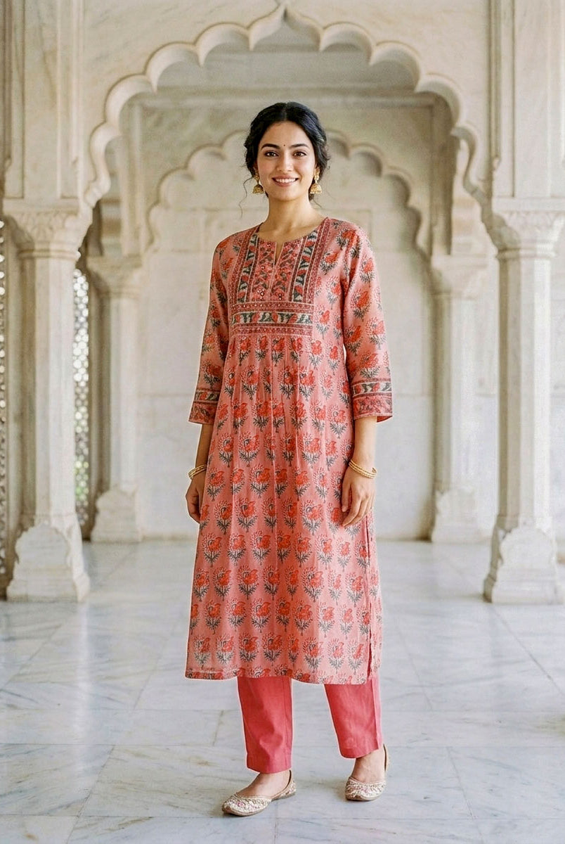 Coral Hand Block Print Silk Chanderi Kurta Set with Pants & Dupatta — view 4