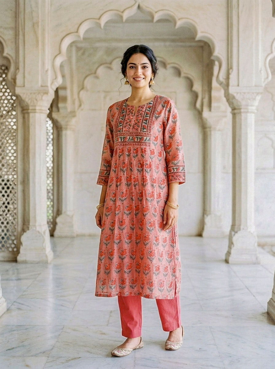 Coral Hand Block Print Silk Chanderi Kurta Set with Pants & Dupatta — view 4