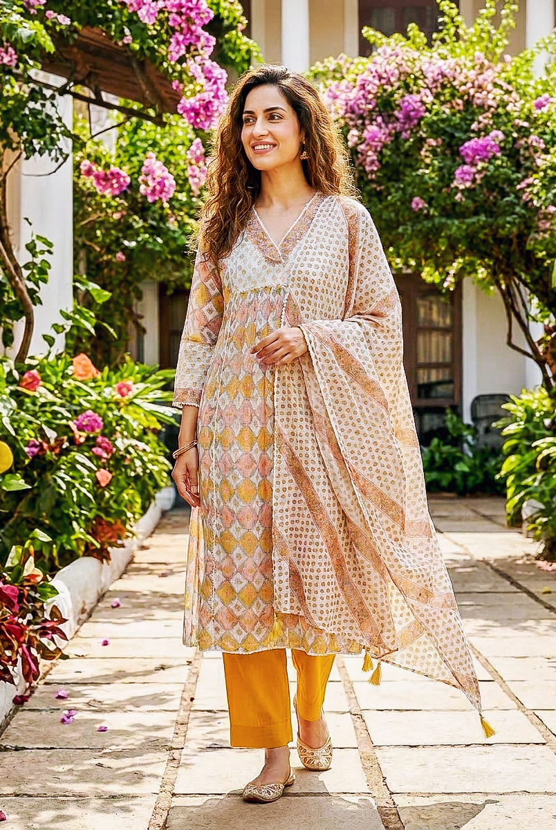 Model wearing ivory and mustard hand block print kurta, yellow pants, and dupatta.