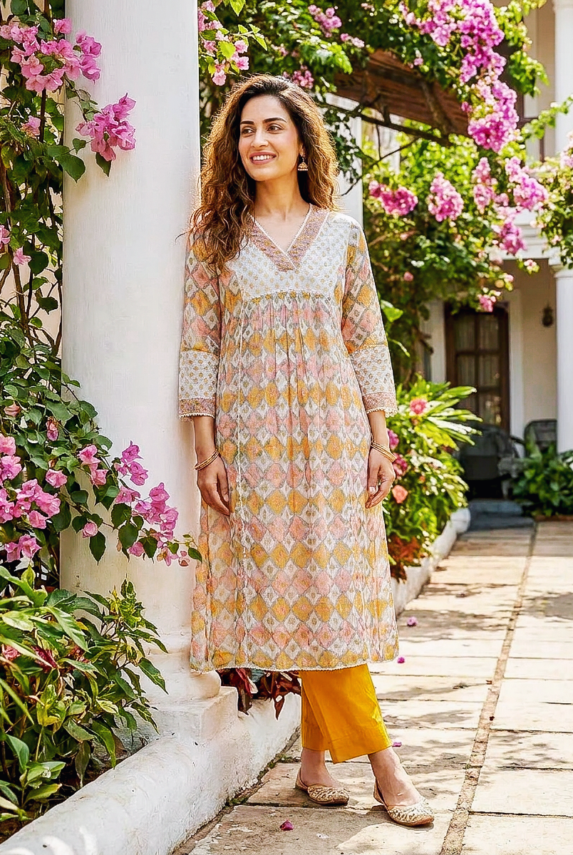 Ivory & Mustard Hand Block Print Kota Doria Kurta Set with Pants & Dupatta — view 2