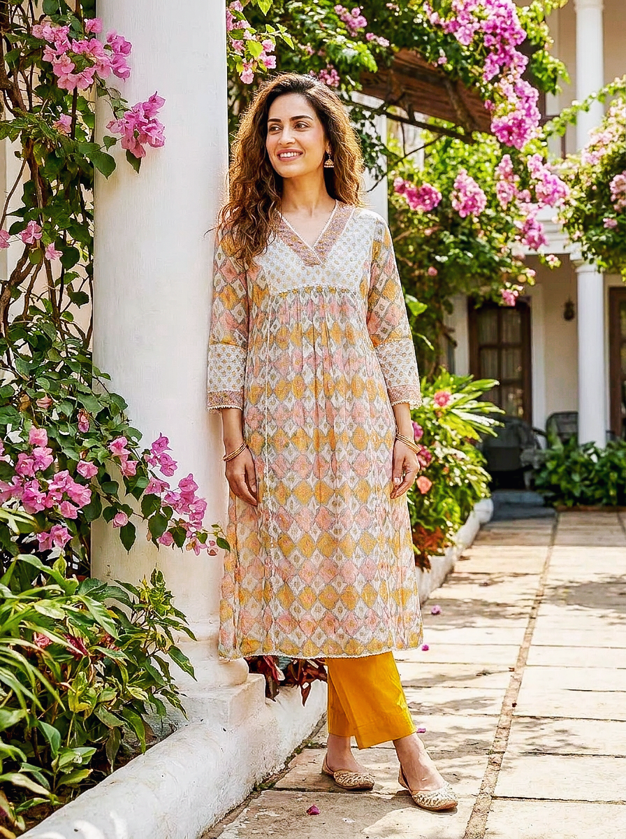 Ivory & Mustard Hand Block Print Kota Doria Kurta Set with Pants & Dupatta — view 2
