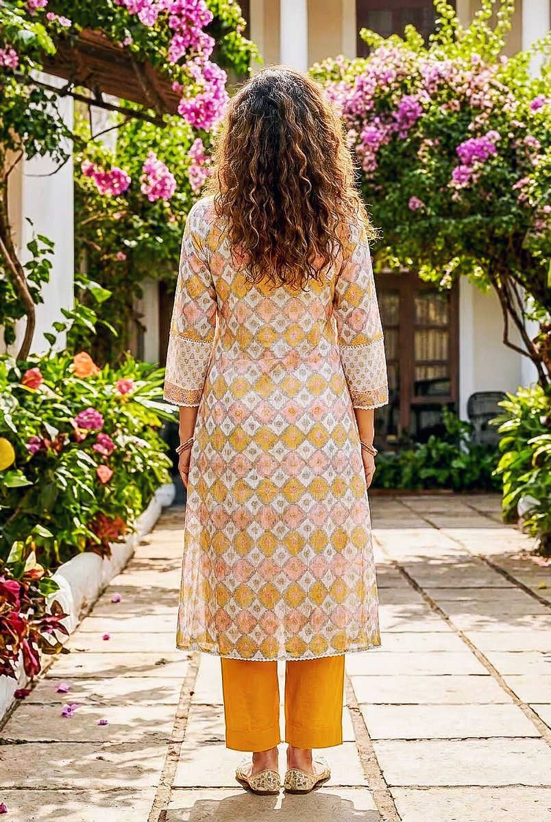 Ivory & Mustard Hand Block Print Kota Doria Kurta Set with Pants & Dupatta — view 3
