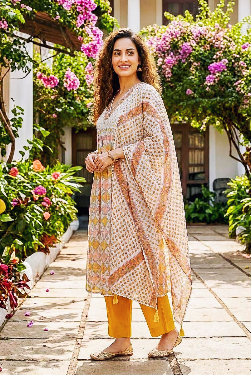 Ivory & Mustard Hand Block Print Kota Doria Kurta Set with Pants & Dupatta — view 4