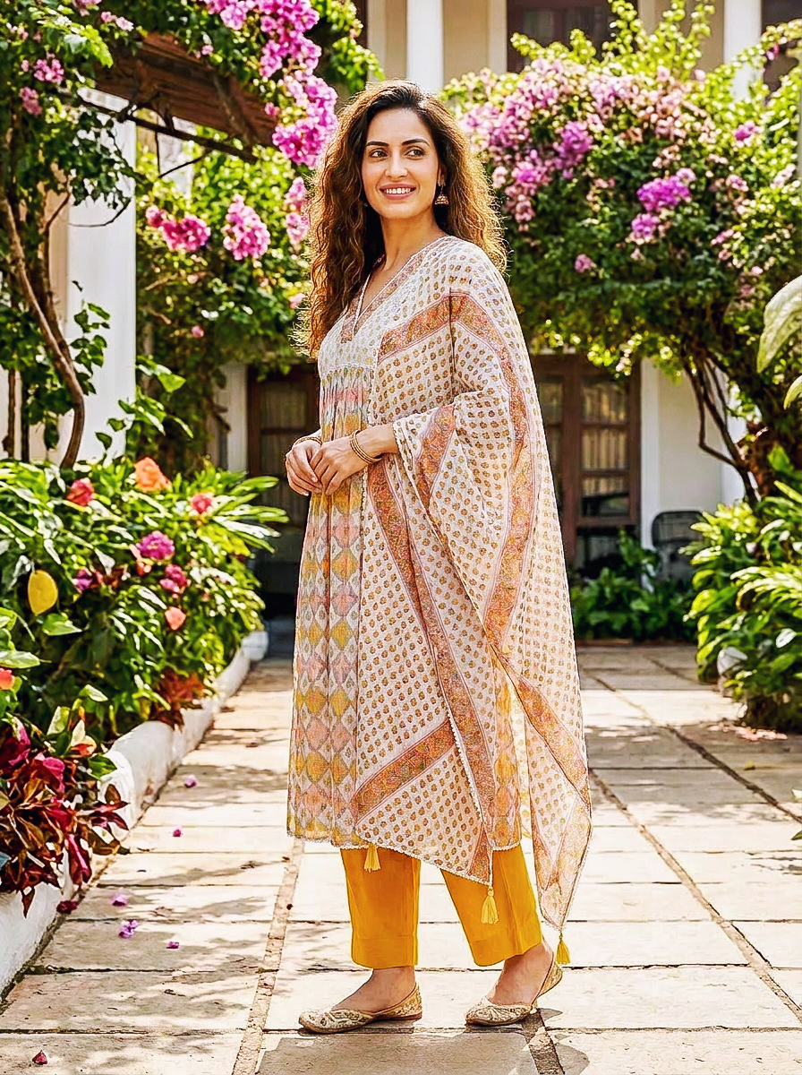 Ivory & Mustard Hand Block Print Kota Doria Kurta Set with Pants & Dupatta — view 4