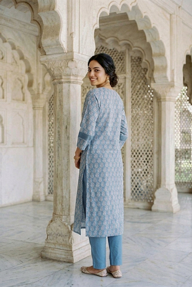 Dusty Blue Block Print Silk Chanderi Kurta with Pants & Chanderi Dupatta — view 3