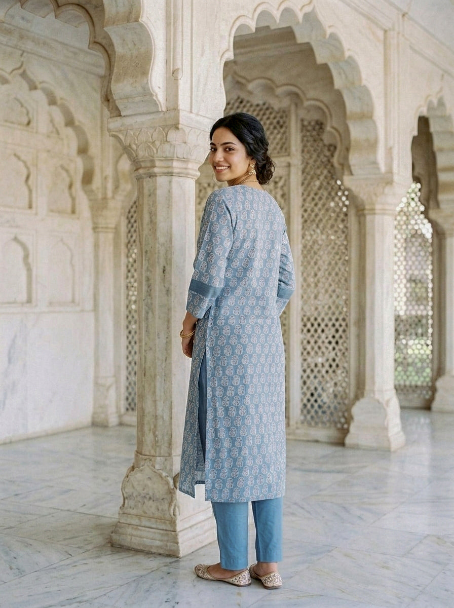 Dusty Blue Block Print Silk Chanderi Kurta with Pants & Chanderi Dupatta — view 3