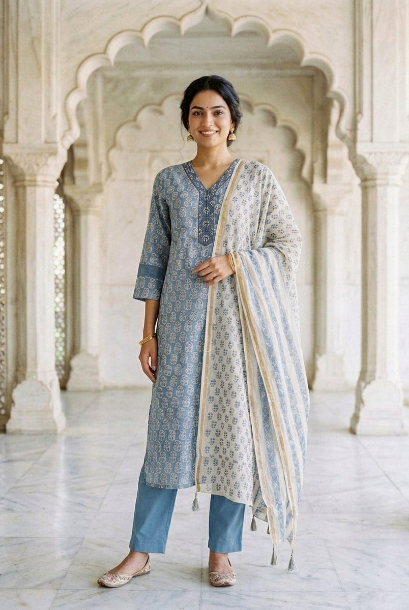 Dusty Blue Block Print Silk Chanderi Kurta with Pants & Chanderi Dupatta — view 1