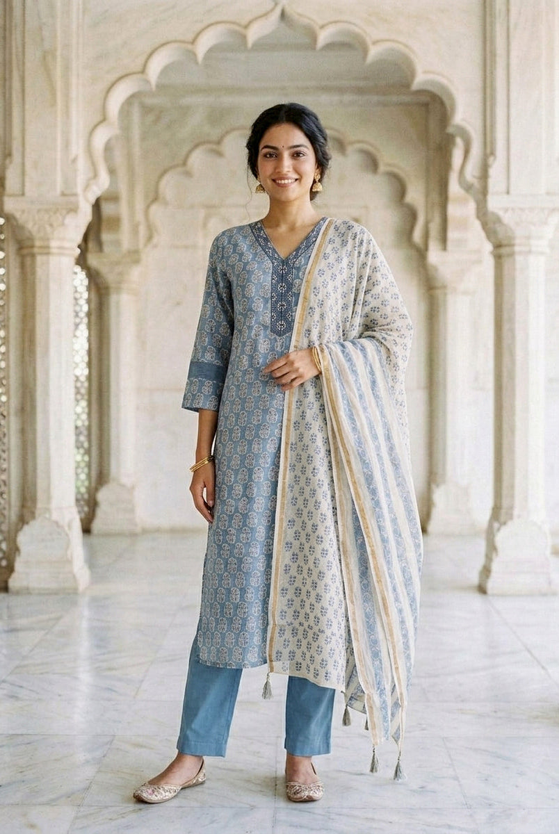 Dusty Blue Block Print Silk Chanderi Kurta with Pants & Chanderi Dupatta — view 1