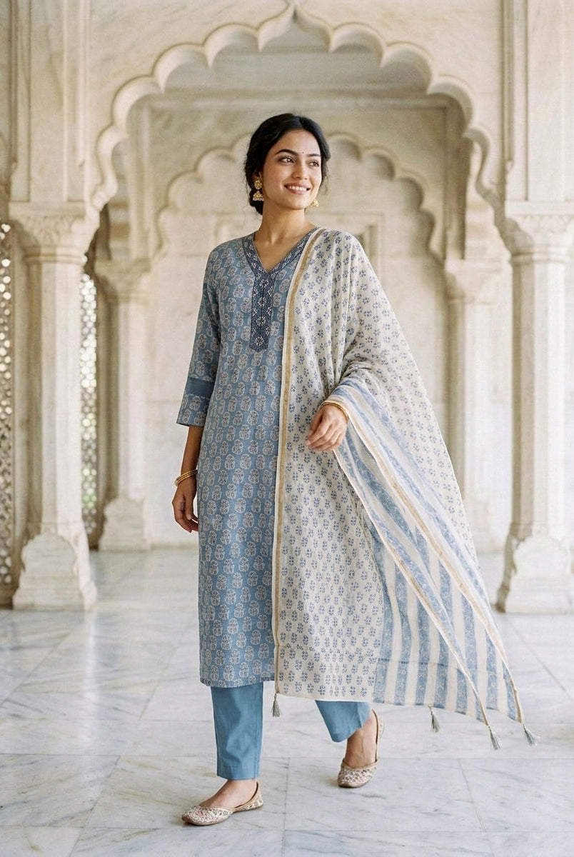 Dusty Blue Block Print Silk Chanderi Kurta with Pants & Chanderi Dupatta — view 5