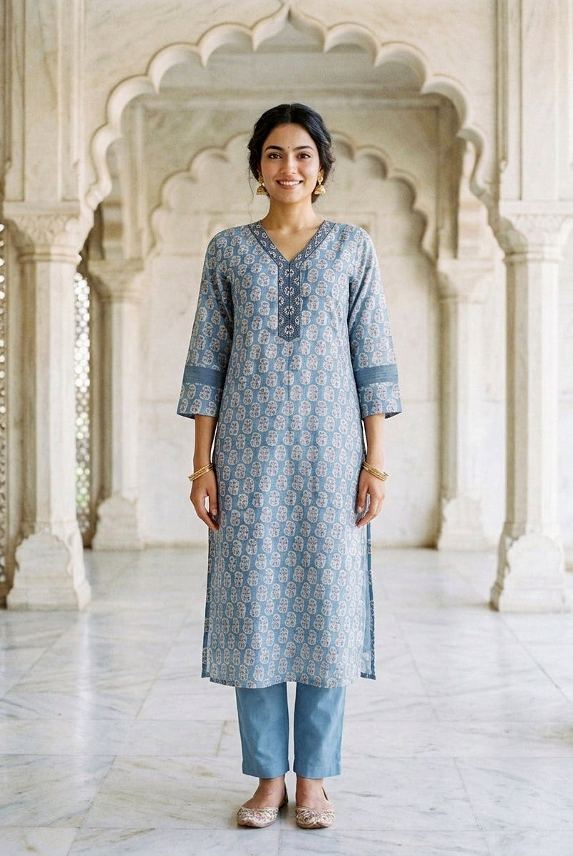 Dusty Blue Block Print Silk Chanderi Kurta with Pants & Chanderi Dupatta — view 2