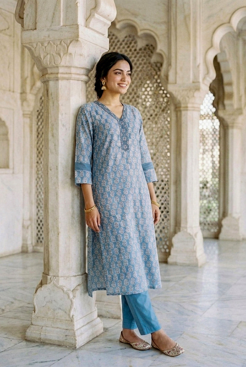 Dusty Blue Block Print Silk Chanderi Kurta with Pants & Chanderi Dupatta — view 6