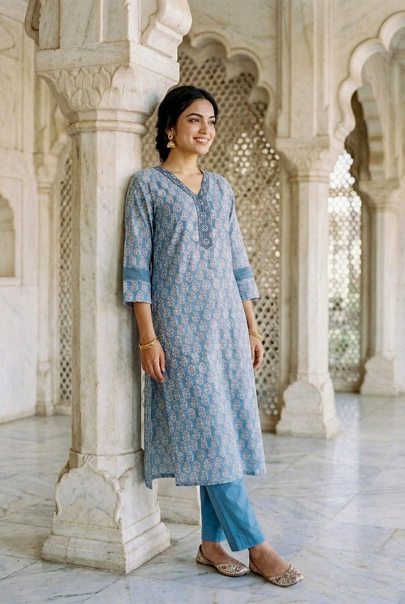 Dusty Blue Block Print Silk Chanderi Kurta with Pants & Chanderi Dupatta — view 6