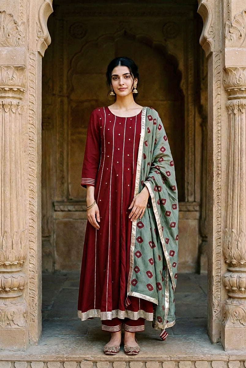 Maroon Embroidered Premium Modal Kurta Set with Pants & Dupatta — full set front
