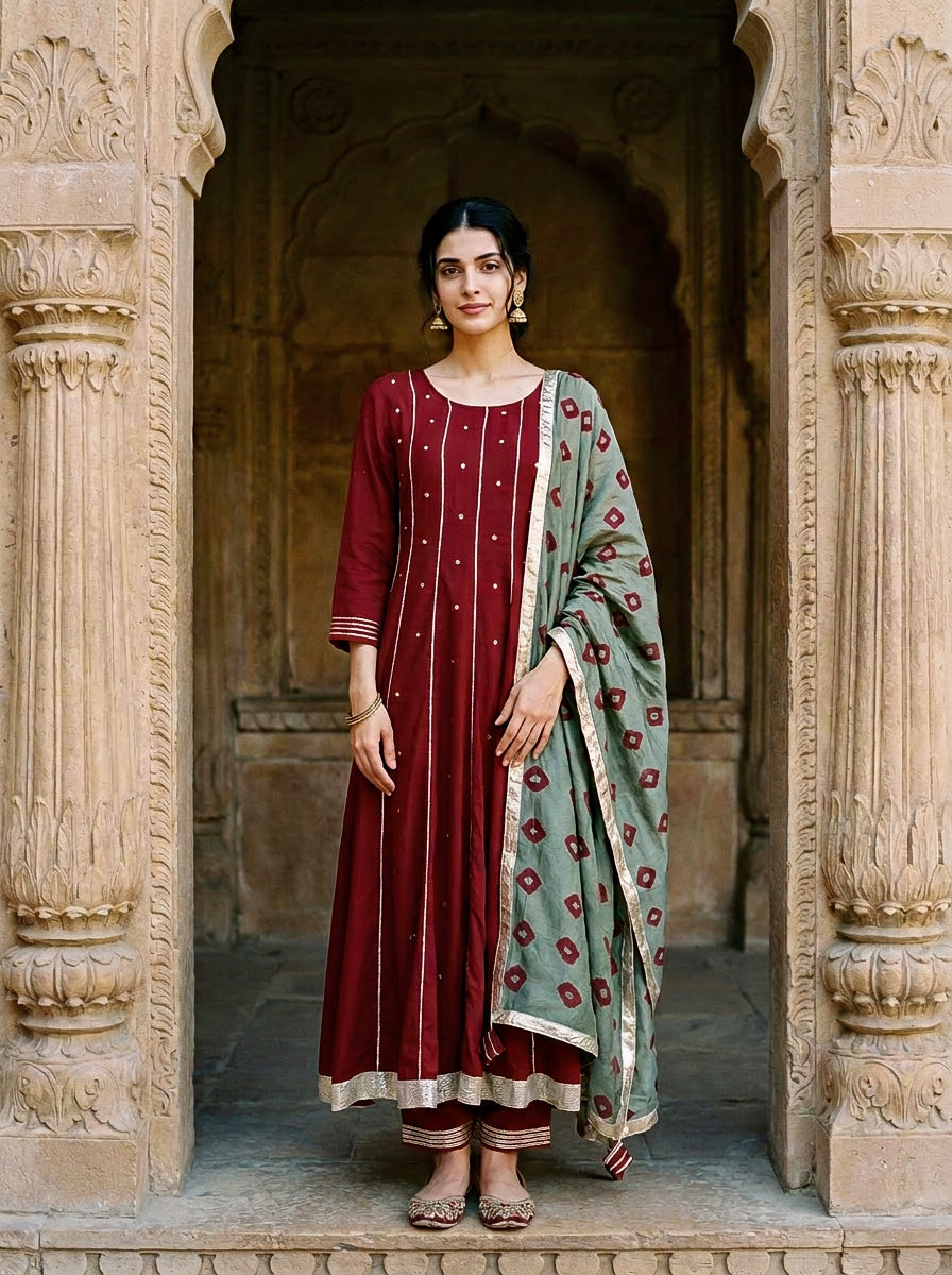 Maroon Embroidered Premium Modal Kurta Set with Pants & Dupatta — full set front