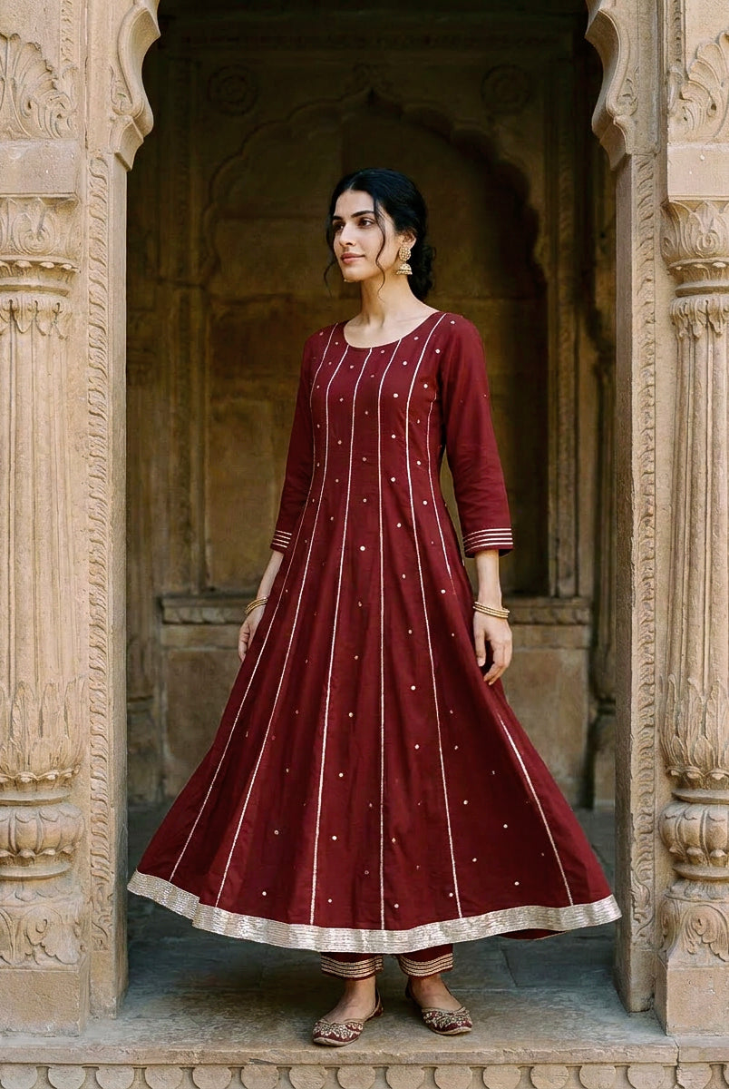 Maroon Embroidered Premium Modal Kurta Set with Pants & Dupatta — model front