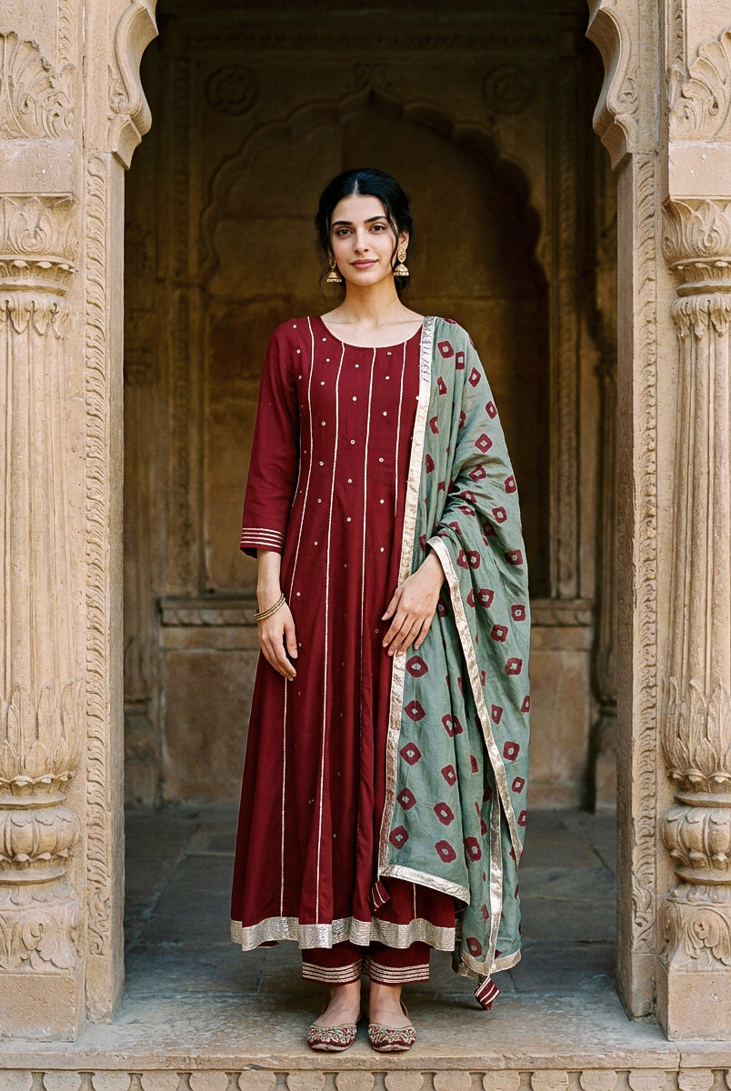 Maroon Embroidered Premium Modal Kurta Set with Pants & Dupatta — back view
