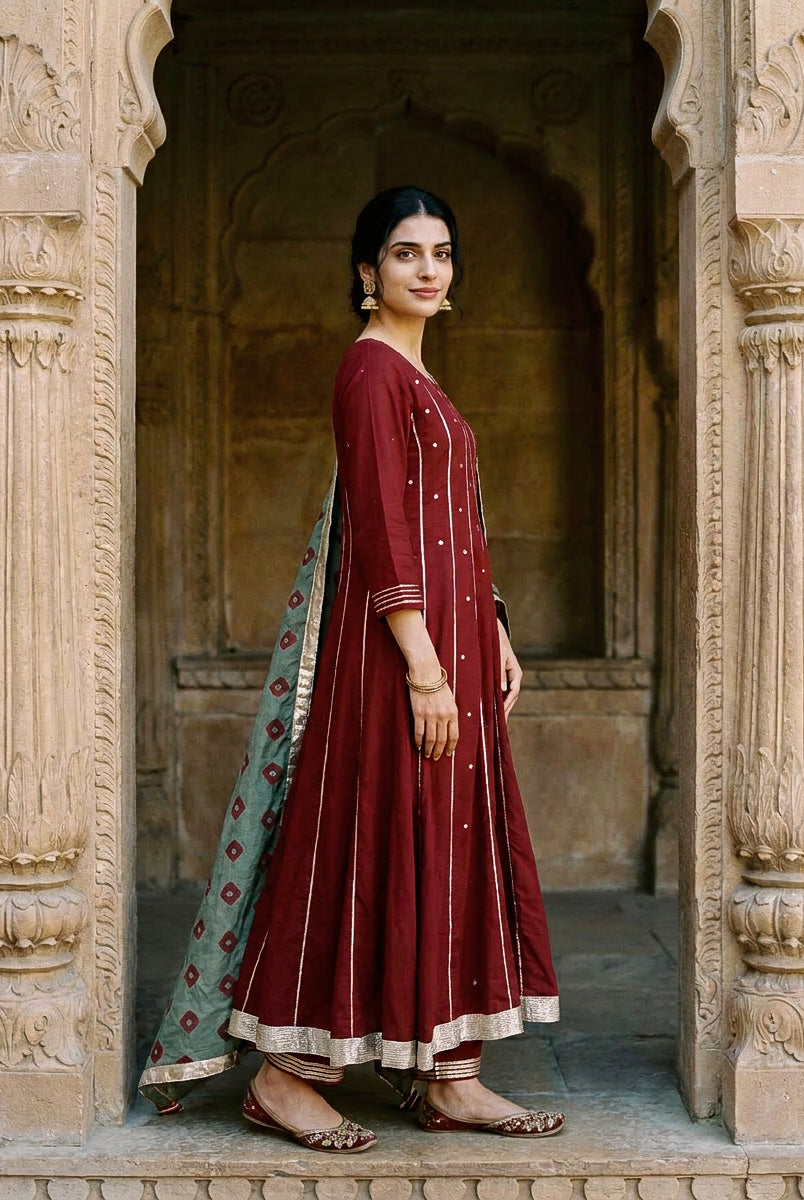 Maroon Embroidered Premium Modal Kurta Set with Pants & Dupatta — side view