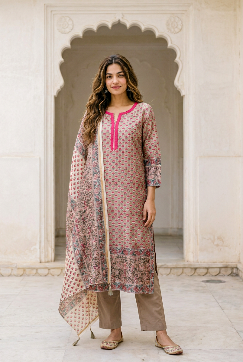 Beige Hand Block Print Silk Chanderi Kurta Set with Pants & Dupatta — full set front