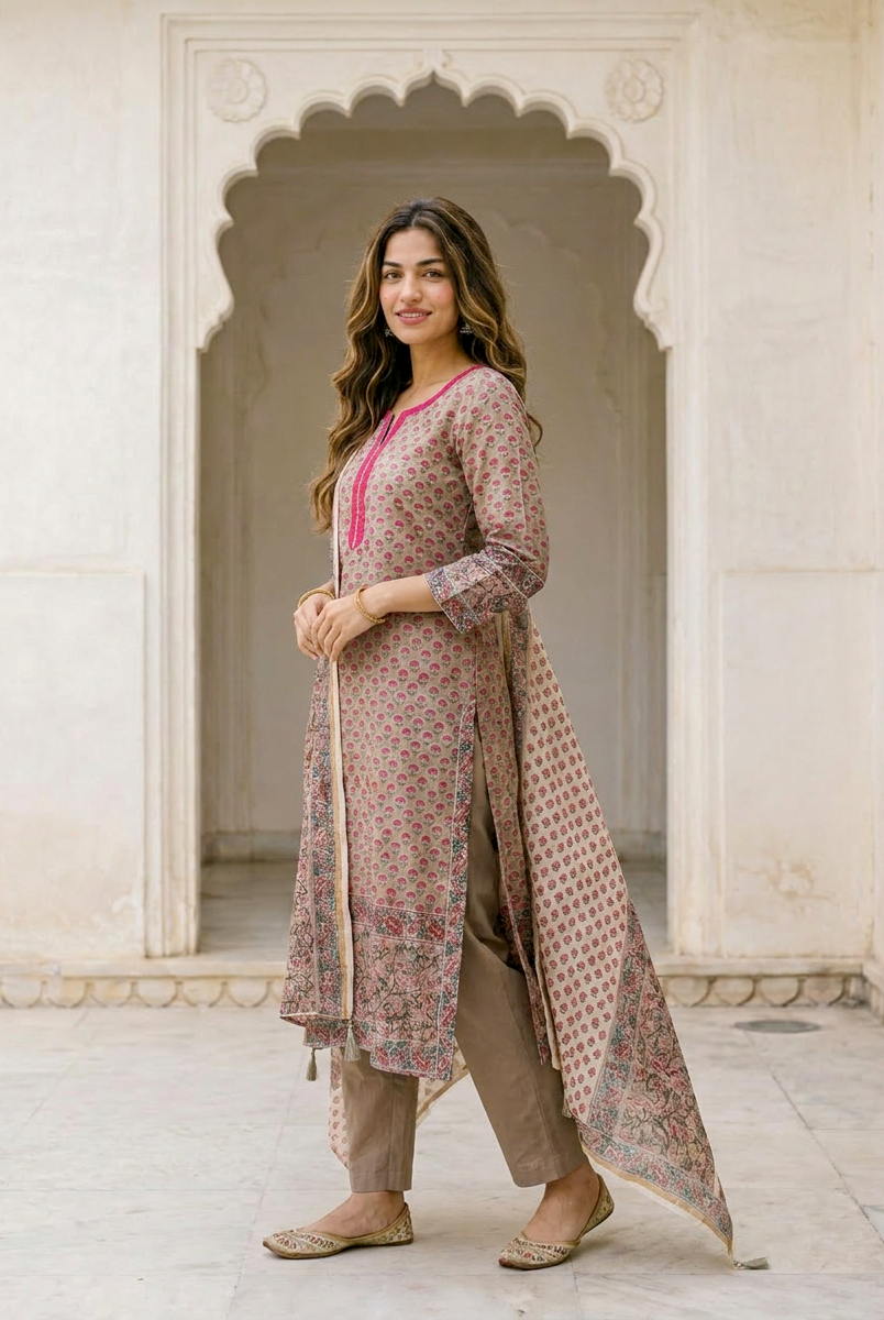 Beige Hand Block Print Silk Chanderi Kurta Set with Pants & Dupatta — model front