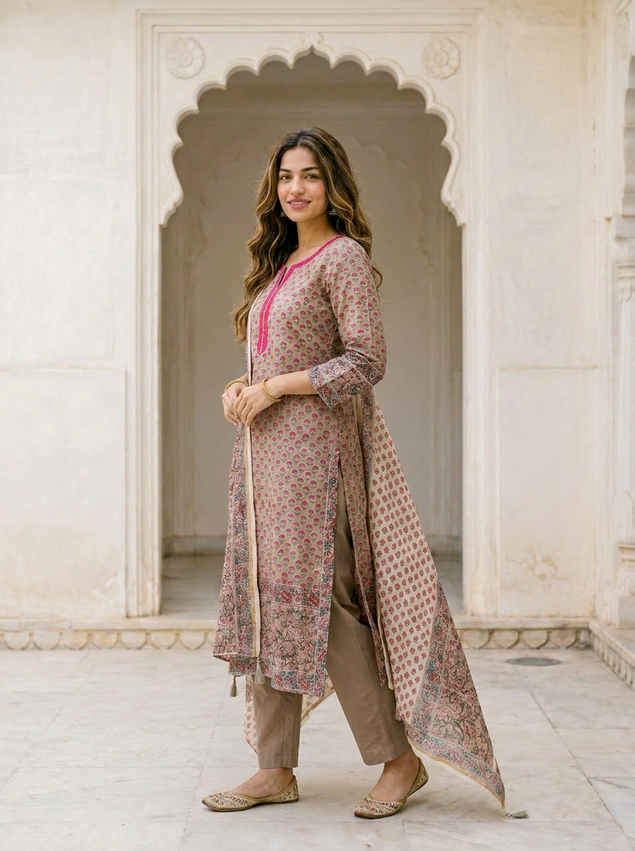 Beige Hand Block Print Silk Chanderi Kurta Set with Pants & Dupatta — model front