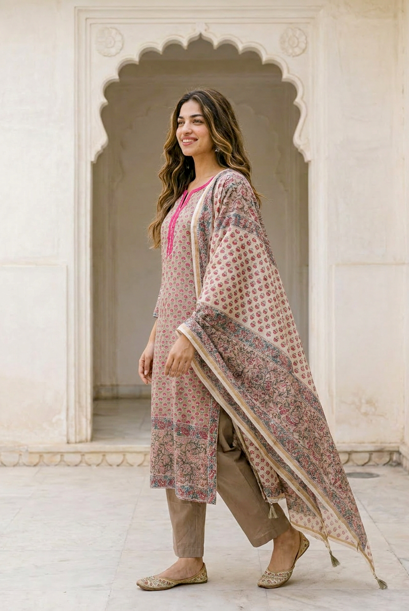 Beige Hand Block Print Silk Chanderi Kurta Set with Pants & Dupatta — kurta detail