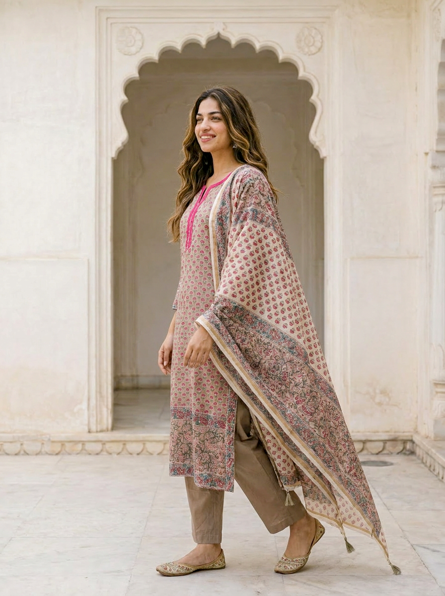 Beige Hand Block Print Silk Chanderi Kurta Set with Pants & Dupatta — kurta detail
