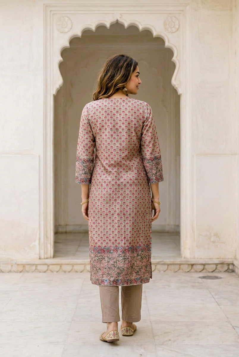 Beige Hand Block Print Silk Chanderi Kurta Set with Pants & Dupatta — back view
