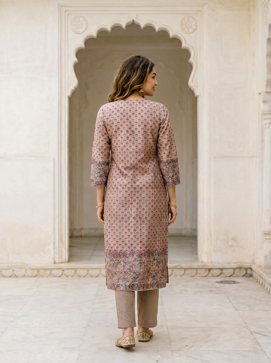 Beige Hand Block Print Silk Chanderi Kurta Set with Pants & Dupatta — back view