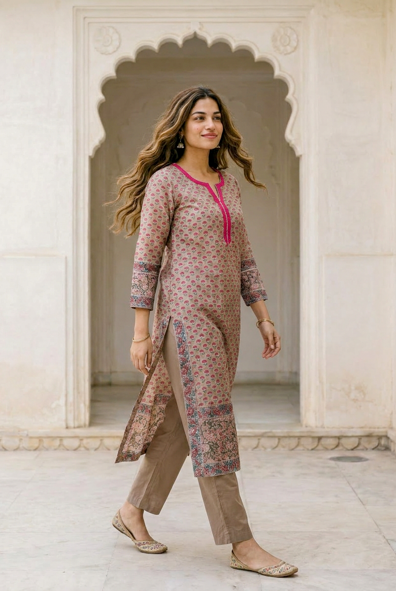 Beige Hand Block Print Silk Chanderi Kurta Set with Pants & Dupatta — styling detail