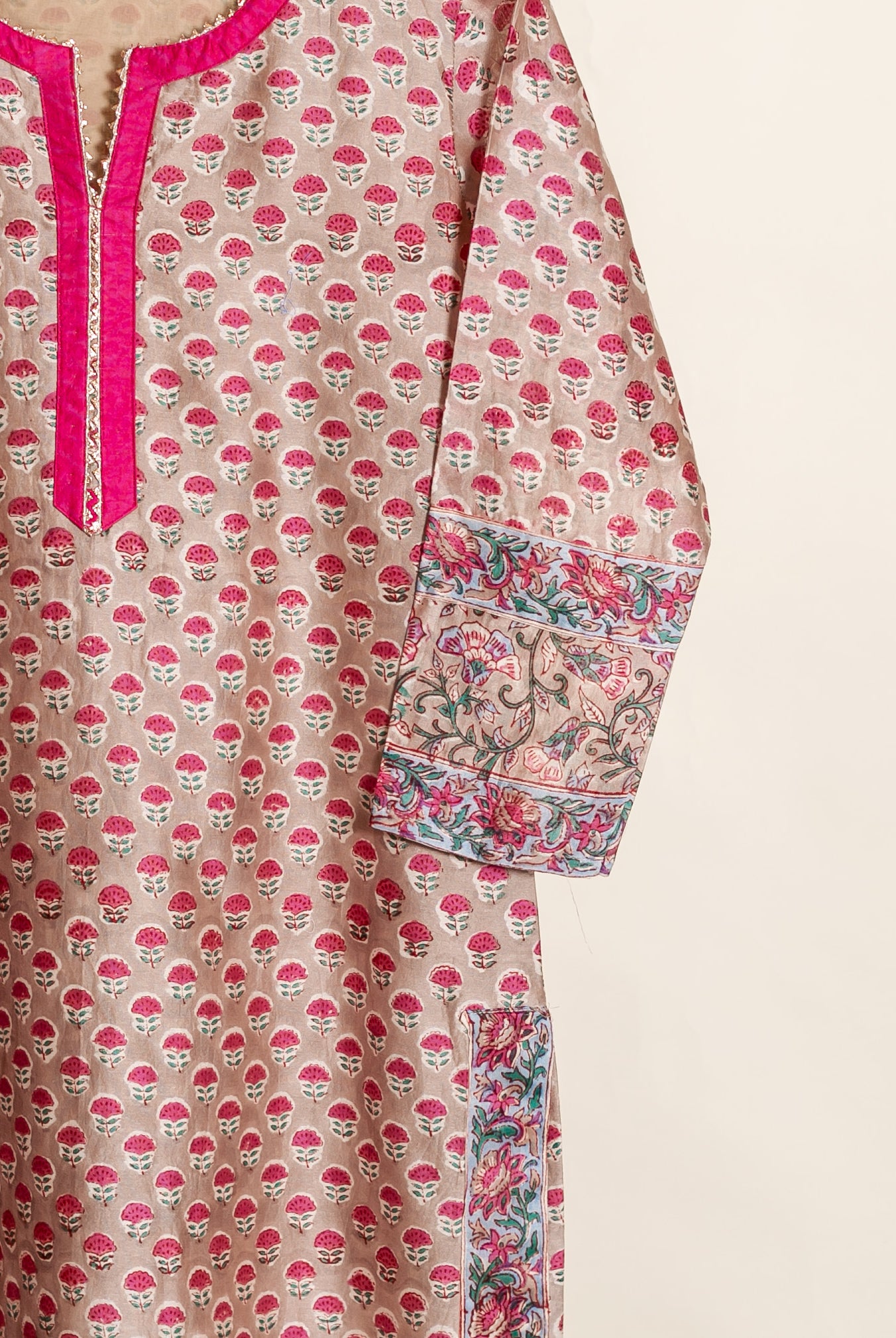 Beige Hand Block Print Silk Chanderi Kurta Set with Pants & Dupatta — fabric close-up