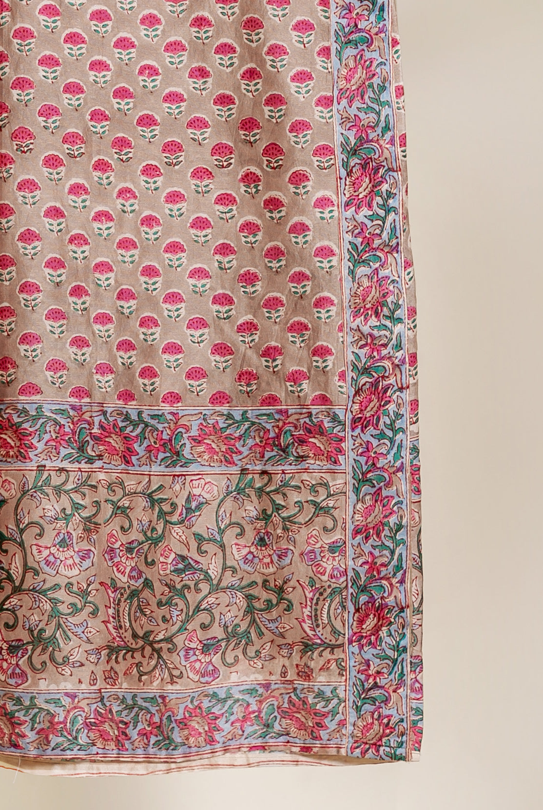 Beige Hand Block Print Silk Chanderi Kurta Set with Pants & Dupatta — print detail