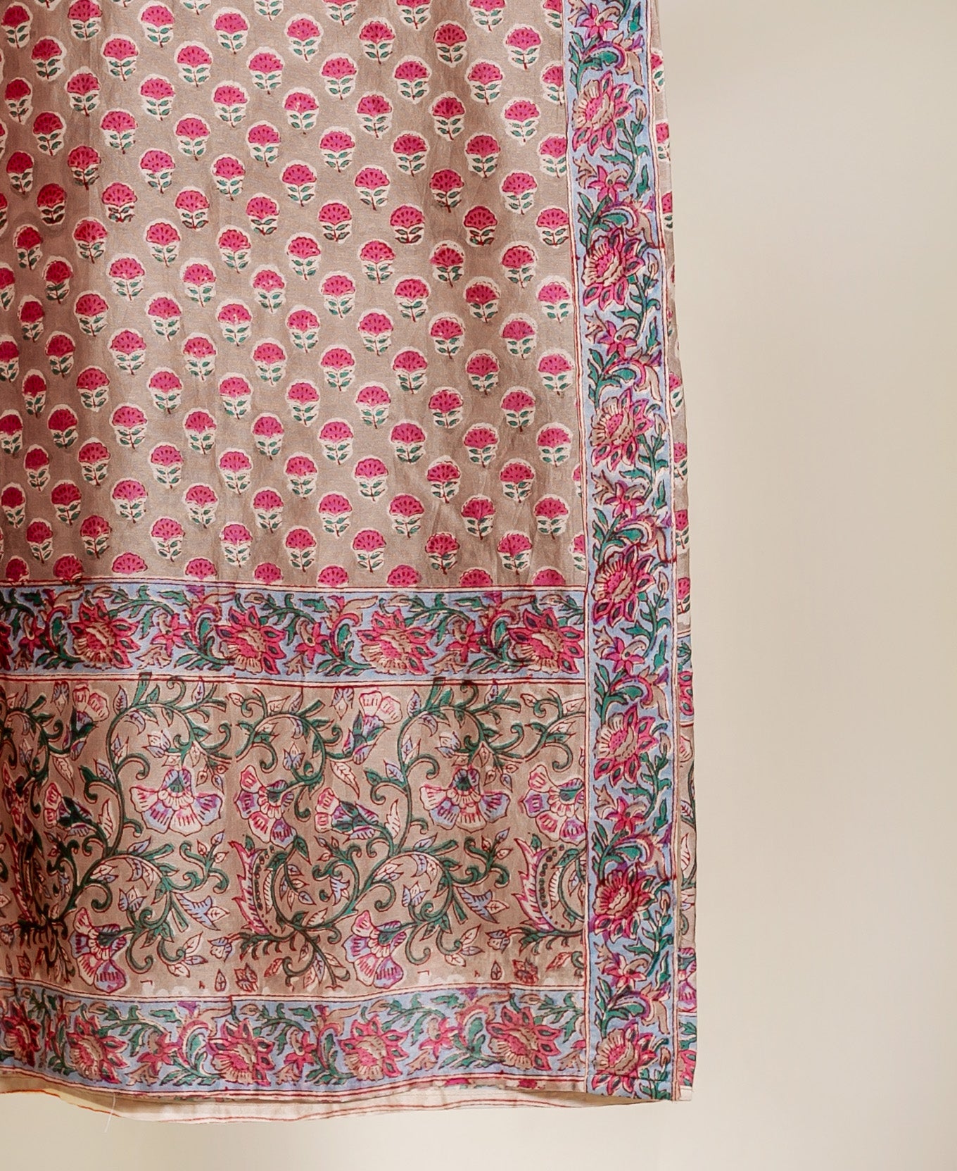 Beige Hand Block Print Silk Chanderi Kurta Set with Pants & Dupatta — print detail