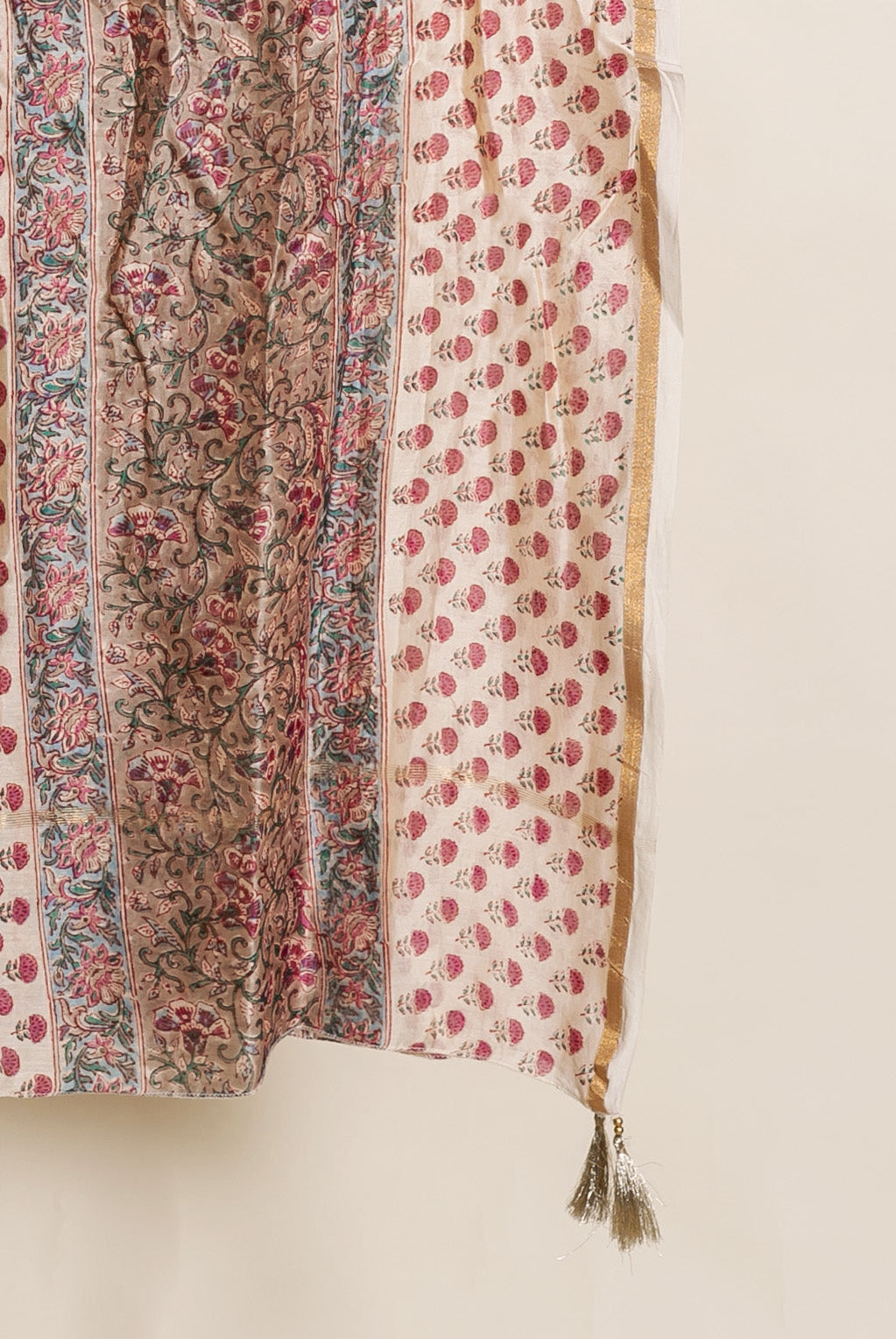 Beige Hand Block Print Silk Chanderi Kurta Set with Pants & Dupatta — detail