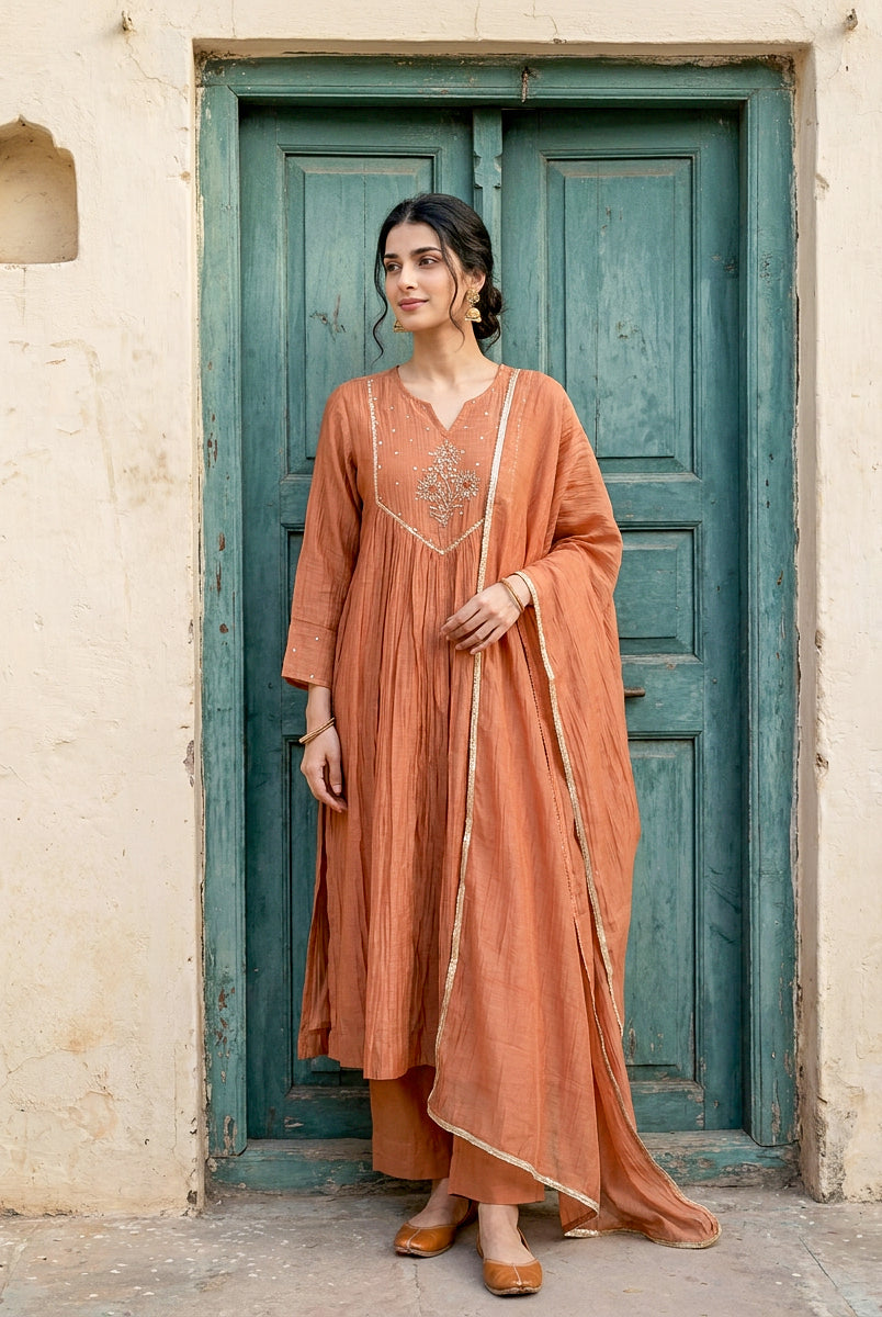 Rust Embroidered Mal Silk Chanderi Kurta Set with Pants & Dupatta — full set front