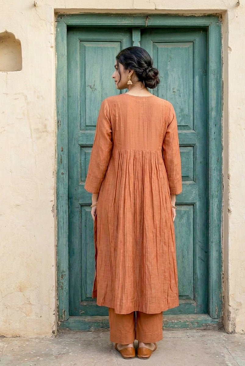 Rust Embroidered Mal Silk Chanderi Kurta Set with Pants & Dupatta — kurta detail