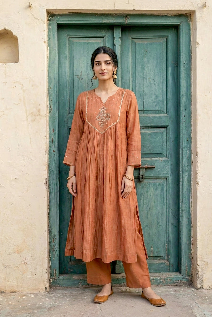 Rust Embroidered Mal Silk Chanderi Kurta Set with Pants & Dupatta — back view
