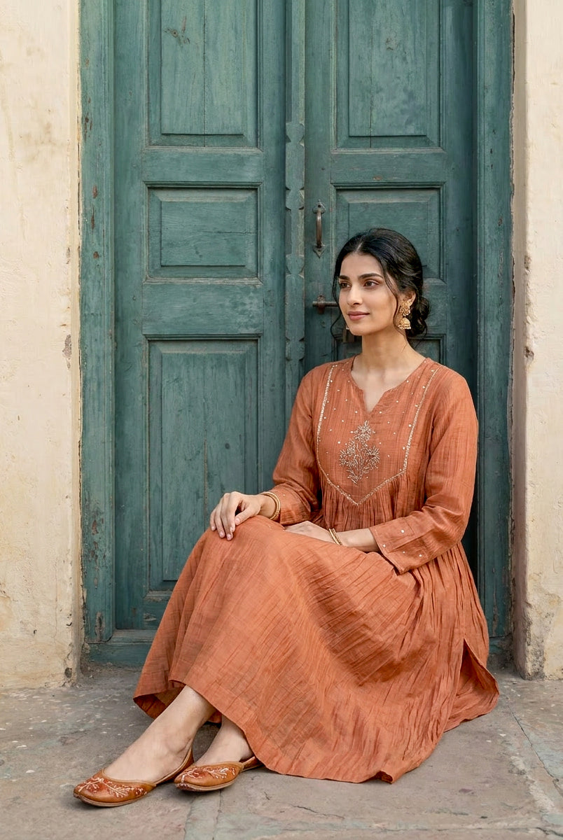 Rust Embroidered Mal Silk Chanderi Kurta Set with Pants & Dupatta — styling detail