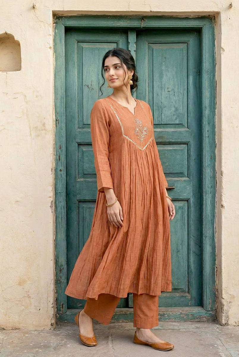 Rust Embroidered Mal Silk Chanderi Kurta Set with Pants & Dupatta — fabric close-up