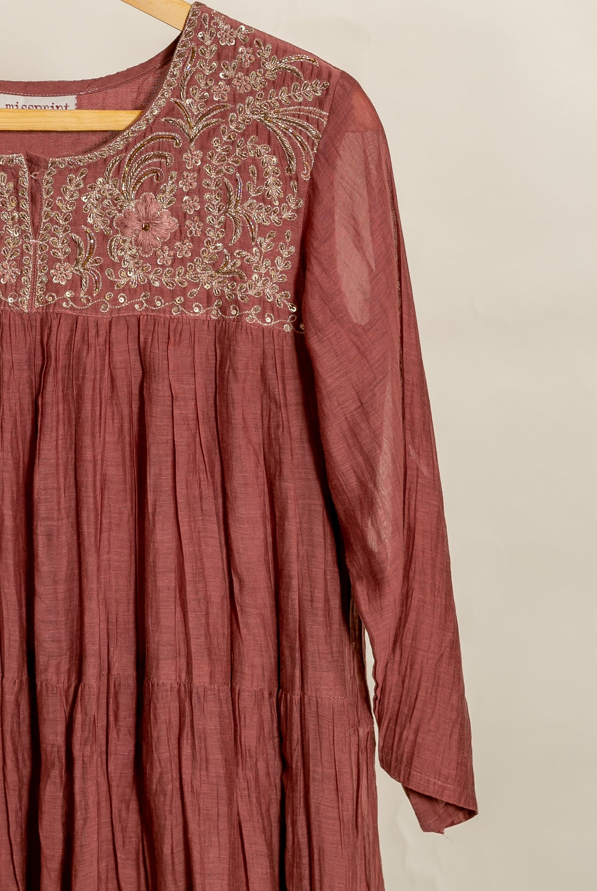Rust Brown Embroidered Mul Silk Chanderi Kurta Set with Pants & Gold Print Dupatta — embroidered yoke and tiered kurta detail