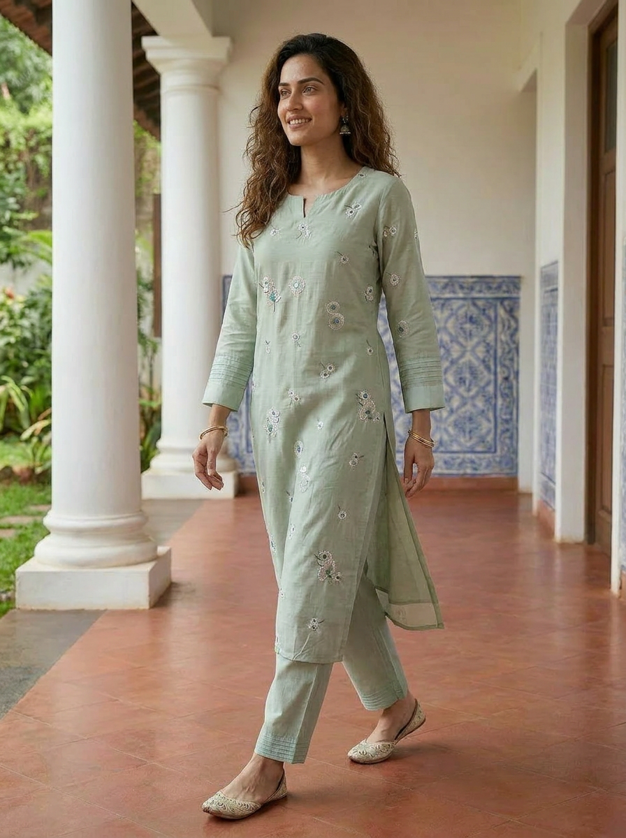 Sage Green Embroidered Silk Chanderi Kurta Set with Pants & Gold Border Dupatta — walking styled look