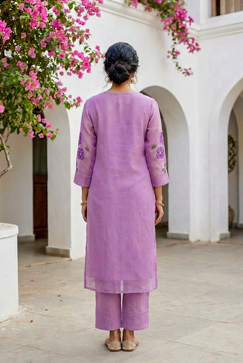 Lilac Hand Painted Organza Kurta Set with Pants & Dupatta — view 5