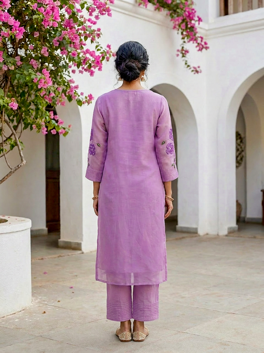 Lilac Hand Painted Organza Kurta Set with Pants & Dupatta — view 5