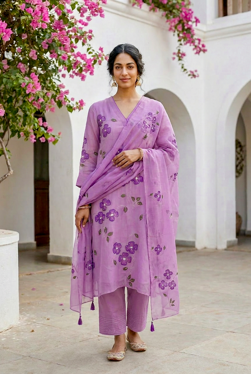 Lilac Hand Painted Organza Kurta Set with Pants & Dupatta — view 1