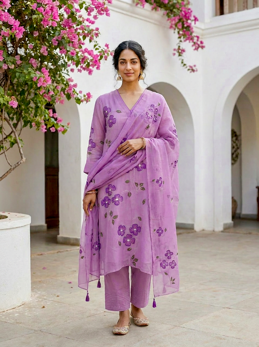Lilac Hand Painted Organza Kurta Set with Pants & Dupatta — view 1