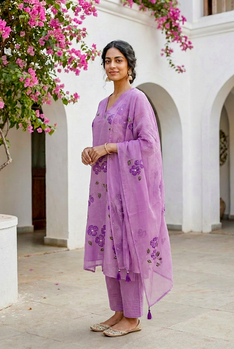 Lilac Hand Painted Organza Kurta Set with Pants & Dupatta — view 3